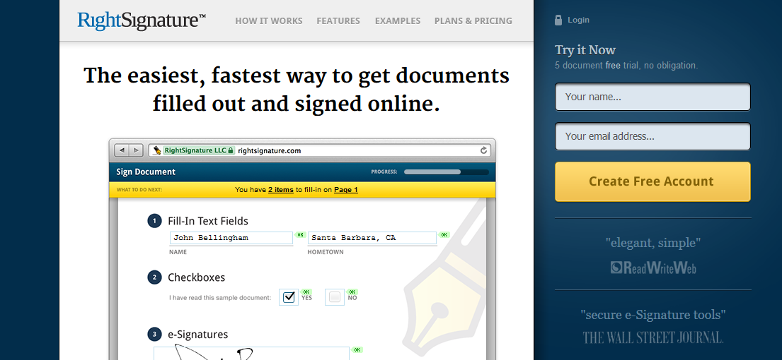 Right Signature's landing page headline with benefits