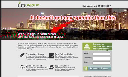 unique web design's headline is specific
