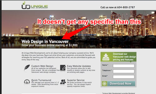 unique web design's headline is specific